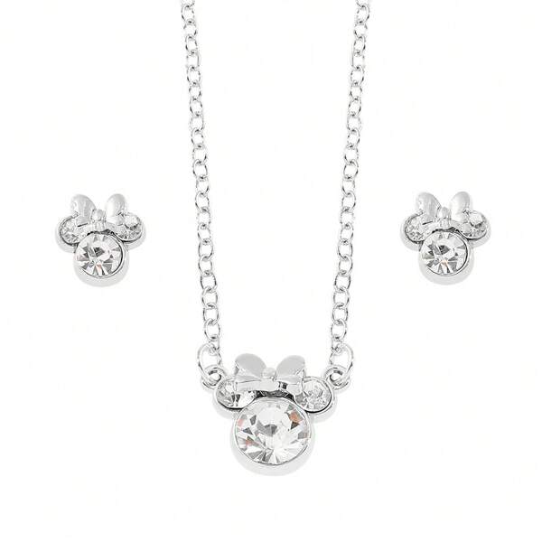 Disney 3pcs Disney Cartoon Mickey Mouse Necklace And Earring Set - Classic Silver Pendant And Studs, Gift For Cartoon Jewelry Lovers