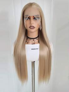 13x4 蜜金色蕾丝前假发，长直蜜金色棕色合成假发，自然发际线，适合黑色/浅色头发，耐热纤维，适合日常佩戴（蜜金色）。 - 金色 - 查看 8