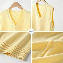 Blostirno Women's Sweater Vest JK Uniform Kint Vests Solid Classic Sleeveless Pullover Sweaters Tops - 黃色 - 查看 5