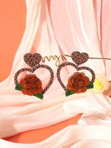 1 对休闲复古豹纹玫瑰花印花心形爱心形耳坠，适合女士女孩爱好者礼物情人节配饰珠宝 - 彩色 - 查看 2