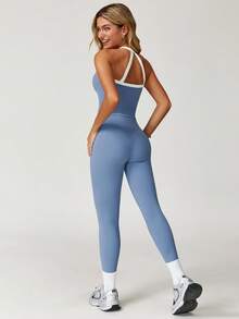 MASKERT 女士运动套装（背心和紧身裤），健身瑜伽服，紧身弹力运动服，舒适亲肤，适合运动和休闲穿着。 - 霧霾藍 - 查看 2