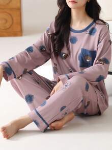 2pcs Women Pullover Long Sleeve Pajamas Set - Long Pants, Spring/Autumn Sleepwear Set