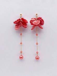 1 Pair Korean Ethereal Floral Petal Pearl Tassel Earrings, Elegant Girlish Cute Earrings - 白色 - 查看 9