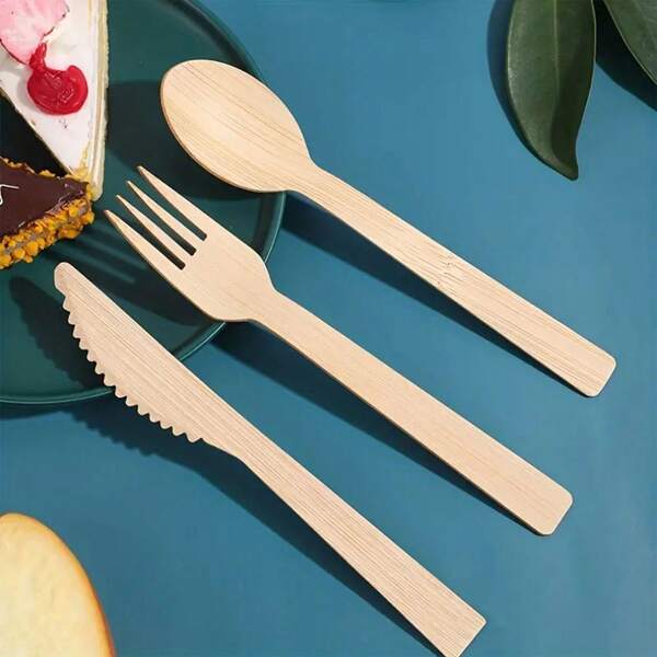 10/25/50/100 Pcs Natural Bamboo Cutlery Set, Including Salad Forks, Pasta Forks, Cake Forks, Dessert Spoons, Reusable Disposable Bamboo Cutlery, Ideal For Birthday Party, Wedding, Camping, Christmas And All Party Events