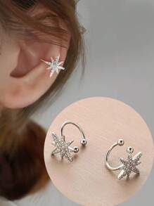 1 Pair Fashionable Zirconia Star Copper Earrings, Ear Cuff Non-Piercing Delicate Ear Clip On Earrings, Elegant Accessories Suitable For Women, Daily Wear And Holiday Gifts