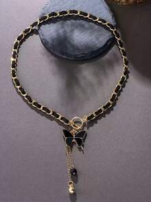 1 件哥特式小众风格 PU 皮革链条包裹颈链，性感黑蝴蝶和水滴设计，适合女性派对佩戴 - 蝴蝶 - 查看 5