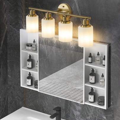 Arlgsite Modern 4-Light Bathroom Vanity Light With Frosted Glass Shades, Brushed Gold Metal Wall Fixture For Mirror, Sink Or Dressing Area (E26 Bulbs Not Provided)