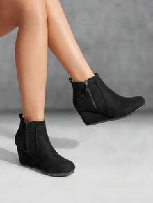 Women's Suede Low Hidden Wedge Heel Ankle Boots Round Toe Side Zipper Outside Zip For Decoration Good For Work And Date - màu đen - Xem 1