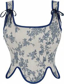 Womens Vintage 1920s Renaissance Lace Trim Corset Bustier, Retro Fashion - Blue Flower - View 1