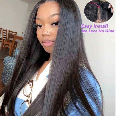 V 型假发直发人发假发无胶假发升级版 U 型假发无需系带，适合女士 V 型半截假发 150% 200% 密度自然黑色 8-30 英寸直发假发