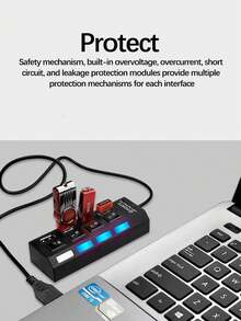 7 端口/4 端口 USB 2.0 集线器适配器带 LED 灯，独立电源开/关开关，适用于电脑、平板电脑、笔记本电脑 [仅支持数据传输，不支持充电] - 彩色 - 查看 8