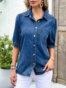女士藏蓝色泡泡袖牛仔衬衫 - 灯笼袖时尚休闲牛仔衬衫，牛仔上衣 - 深色水洗藍 - 查看 8