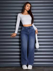 Women's Casual Elastic Waist Classic Non-Stretch Medium Blue Distressed Cat Whisker Jeans