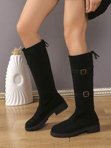 Fashionable Platform Boots, Retro Biker Style, Suitable For Evening Gowns As Stylish Night Boots, Ruched Western Design - Black - View 4