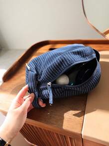 Classic Striped Large Capacity Handheld Makeup Bag, Linen Fabric, Dark Color Zipper, Skincare Products Travel Storage Pouch
