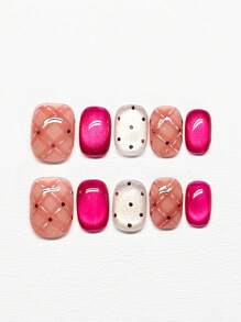 10pcs Hand-Made Luxury Pink Sequined Polka Dot Rhombic Cat Eye Nail Art Stickers, Versatile & Brightening