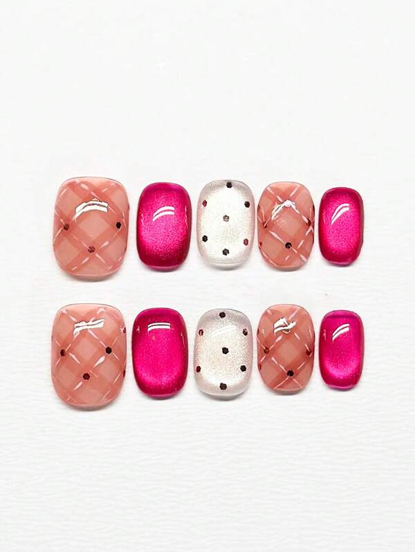 10pcs Hand-Made Luxury Pink Sequined Polka Dot Rhombic Cat Eye Nail Art Stickers, Versatile & Brightening