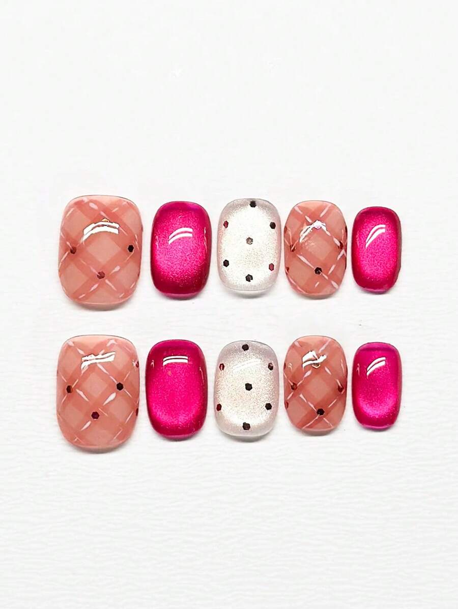 10pcs Hand-Made Luxury Pink Sequined Polka Dot Rhombic Cat Eye Nail Art Stickers, Versatile & Brightening