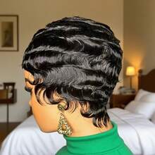 Kurze Pixie-Cut Perücken für Frauen, Echthaarperücke mit Finger Ocean Wave, Remy Echthaar - Verschiedenfarbig - Übersicht 5