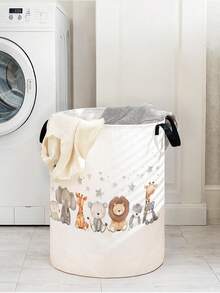 1 pieza Cesta de almacenamiento redonda plegable con asas, diseño de patrón de animal encantador, canasta de gran capacidad y multiusos para organizar la guardería, pañales de bebé, ropa, juguetes y accesorios