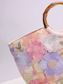 1 件花卉刺绣图案网眼手提包，复古竹柄沙滩包，大容量暑假海滩旅行休闲使用（花卉图案随机发送） - 彩色 - 查看 6