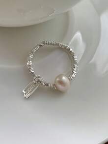 A Pure Silver Broken Silver Natural Pearl Ring For Women's Lucky Hang Tag Elastic Rope Ring - Silver - View 6