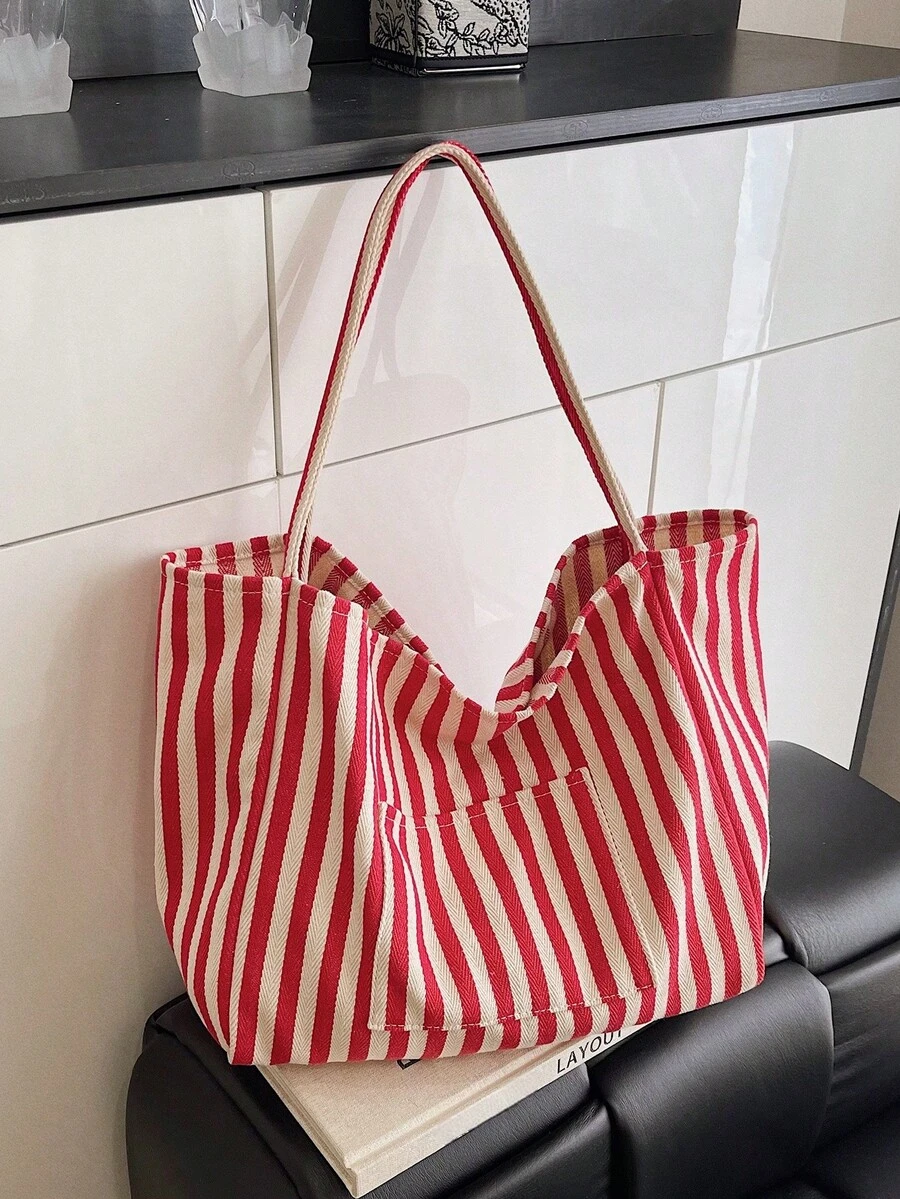 复古条纹帆布托特包，韩版时尚休闲大容量单肩包，适合旅行、度假 - 紅色 - 查看 1