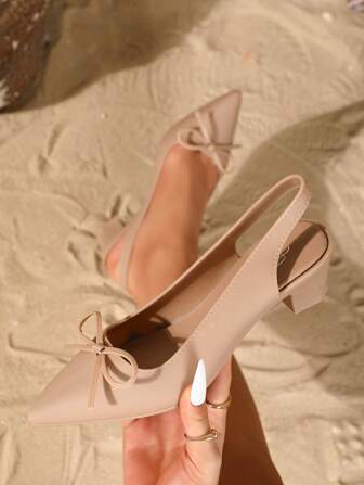 Zapatos de vestir de tacón grueso y punta fina para mujeres, tacones altos casuales y de moda con lazo en tono tostado para primavera/verano, con diseño elegante y formal