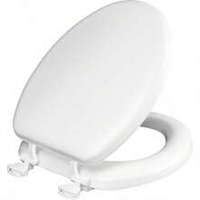 Mayfair Asiento de inodoro acolchado acolchado de vinilo suave sobre asiento de núcleo de madera bisagras seguras fácil de limpiar alargado color blanco - Blanco - Ver 1