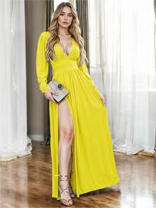 Maxi Vestido Elegante de Manga Larga y Escote en V Profundo con Abertura Lateral Alta en Pierna para Mujer - Amarillo - Ver 3