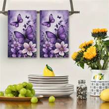 2 paños de cocina con diseño de flores moradas y mariposas - Paños de cocina suaves y absorbentes, con estilo de granja y varilla negra, toallas decorativas ligeras para el baño, decoración del hogar de campo y para días festivos, toallas decorativas de cocina | Decoración de toallas vibrante | Toallas visualmente atractivas