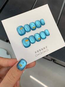 10 pezzi di piccole bolle di pesce per rinfrescarsi d'estate, unghie corte e molto carini, perline di vetro blu a forma di occhio di gatto, unghie con piccoli pesci misteriosi e sognanti, blu mare, l'effetto rende le persone felici, unghie-arte fatti a mano puri e riutilizzabili