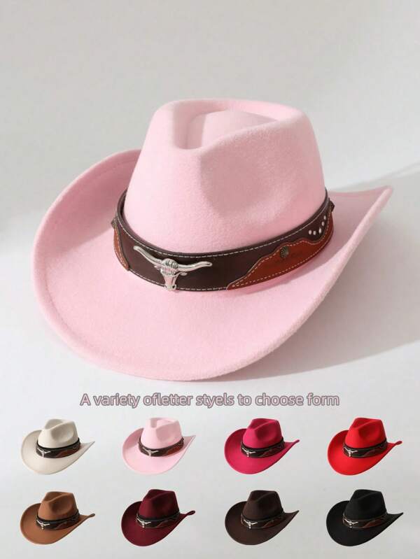 1 pezzo Cappello da cowboy da donna, di colore unito in lana con corona a forma di cuore, semplice cintura in pelle larga e decorazione in metallo a forma di testa di mucca, bordo arricciato alla moda per uso esterno, protezione solare, escursionismo, equitazione, matrimoni, versatile unisex