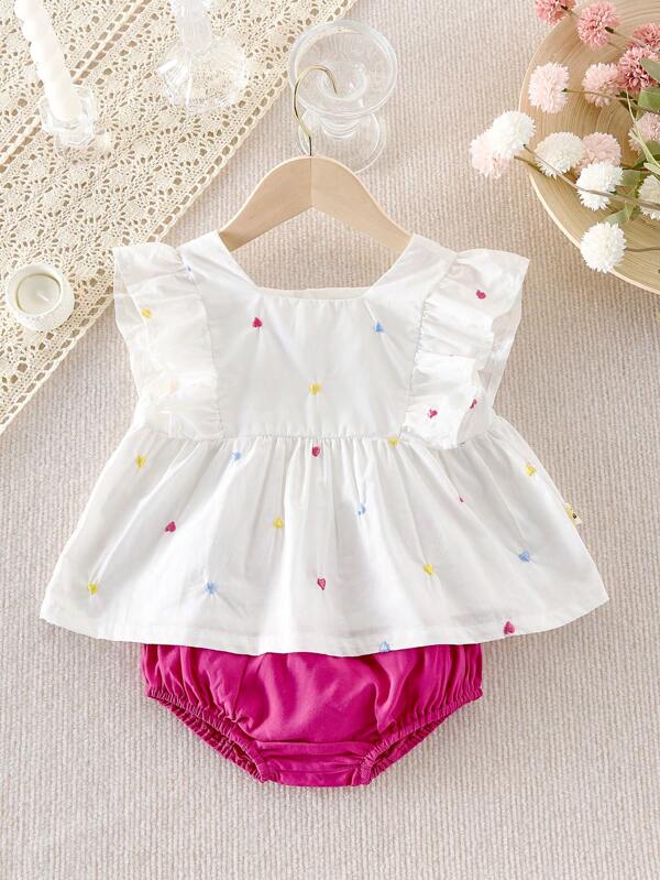 Conjunto de 2 piezas de verano para bebé niña con top sin mangas con pequeñas flores y pantalones cortos de unicolor