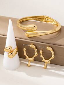 4件套优雅几何水滴形实心金属手链、戒指、耳环首饰套装，女士简约开口手镯，百搭日常配饰，春季设计 - 金黃色 - 查看 14