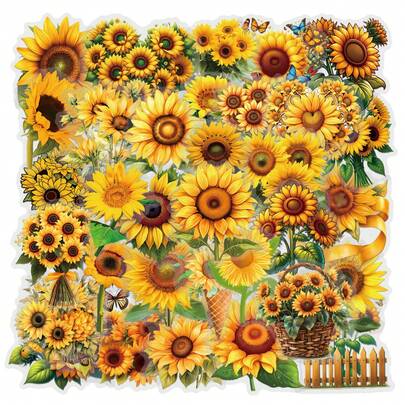 62Pcs Sunflower Stickers Pack, Aesthetic Stickers For Suitcase, Journal, Scrapbook, Water Bottle, Laptop, Computer, Skateboard, Notebook,PET Transparent Sticker