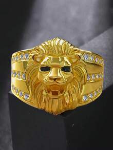 1pc Vintage Punk Men's Ring - Gold Lion Embossed Design, Exquisite Retro Details, Durable Copper Alloy With Zirconia, Wedding Band, Party & Daily Jewelry, Unique Gift, Festival Outfit, Hip-Hop Style, Fashionable Craftsmanship, Ideal Choice For Casual Or Formal Wear - Cameo Lion Zirconia Ring - View 10