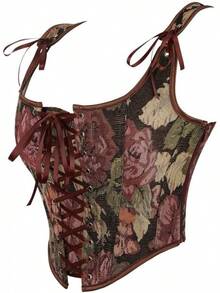 Womens Vintage 1920s Renaissance Lace Trim Corset Bustier, Retro Fashion - Bunga Coklat - View 3