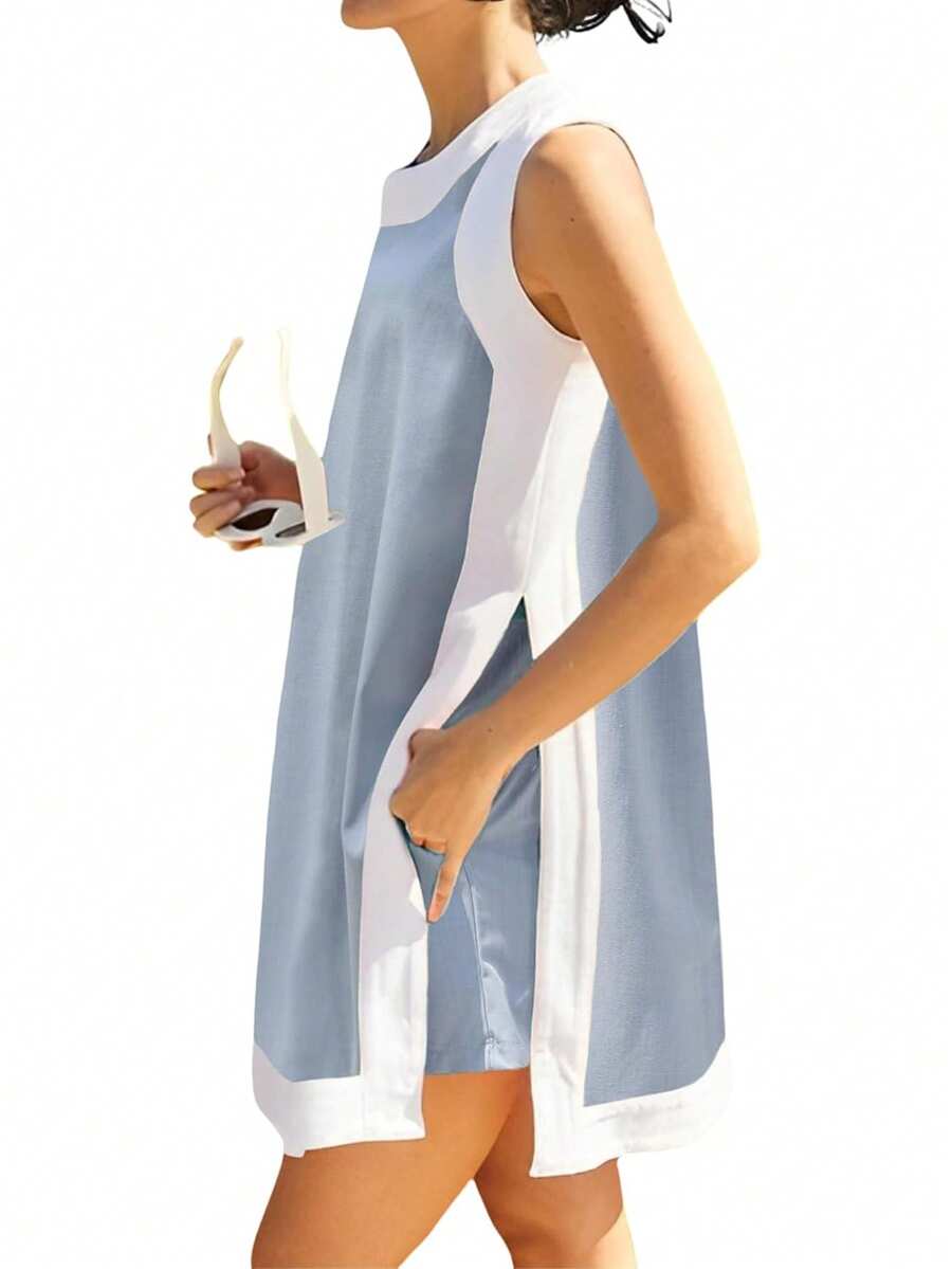 Women's Two Piece Suit Short Sleeve Knit Top With Pocket Shorts Summer Casual Suit - Màu xanh bụi bặm - Xem 1