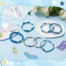 7pcs/Set Bohemian Style Blue Beads, Hearts & Smiling Face Polymer Clay Bracelets, Suitable For Girls Daily Wear, Back To School