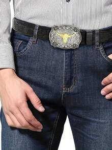 CKiruv 男士西部牛仔腰带 - 酷炫帅气的黑色仿皮，带有浮雕设计和时尚合金扣 - 黑色 - 查看 3