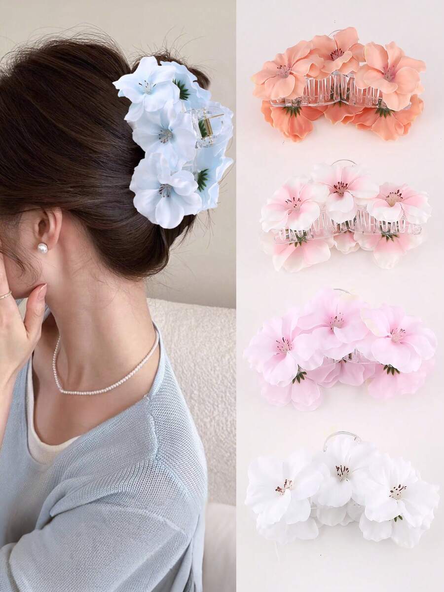 发夹 1 件装 女士夏季波西米亚风格花朵发夹，白色、蓝色、粉色、米色，简约优雅，适合日常、度假装扮发饰优雅爪夹，学校用品，大学 - 彩色 - 查看 1