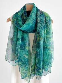 1 件油画印花女士雪纺围巾，时尚沙滩披肩