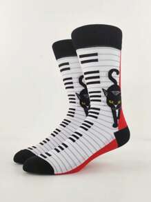 1 Pair Women's Color Blocking Black Cat Piano Key Pattern Mid-Calf Socks, Unique Fashion Suitable For Daily Wear - Multicolor - View 2