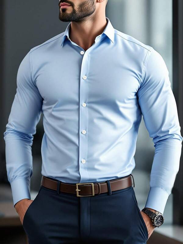 Heren Klassiek Effen Kleur Lange Mouw Enkelrijs Casual Kantoor Overhemd, Essentieel Voor Casual En Zakelijke Kleding