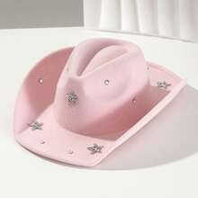 Star Western Cowgirl Hat For Women And Men Elegant Wide Brim Rhinestone Formal Western Cap For Daily Life And Party - Pink - View 1