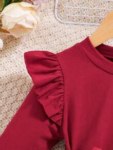 Kid Girl Fall Dress 3D Flower Round Neck Ruffle Long Sleeve Patchwork Tulle Dress With Belt - 紅色 - 查看 3