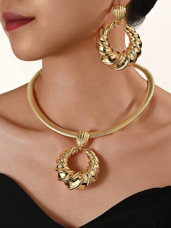 2pcs European And American Brazil Gold Electroforming Hollow Craft 18k Gold Collar Hollow Circle Pendant Earrings Jewelry