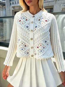 Women's Floral Pattern Long Sleeve Hollow Out Single-Breasted Loose Elegant Knitted Cardigan - Beige - View 1