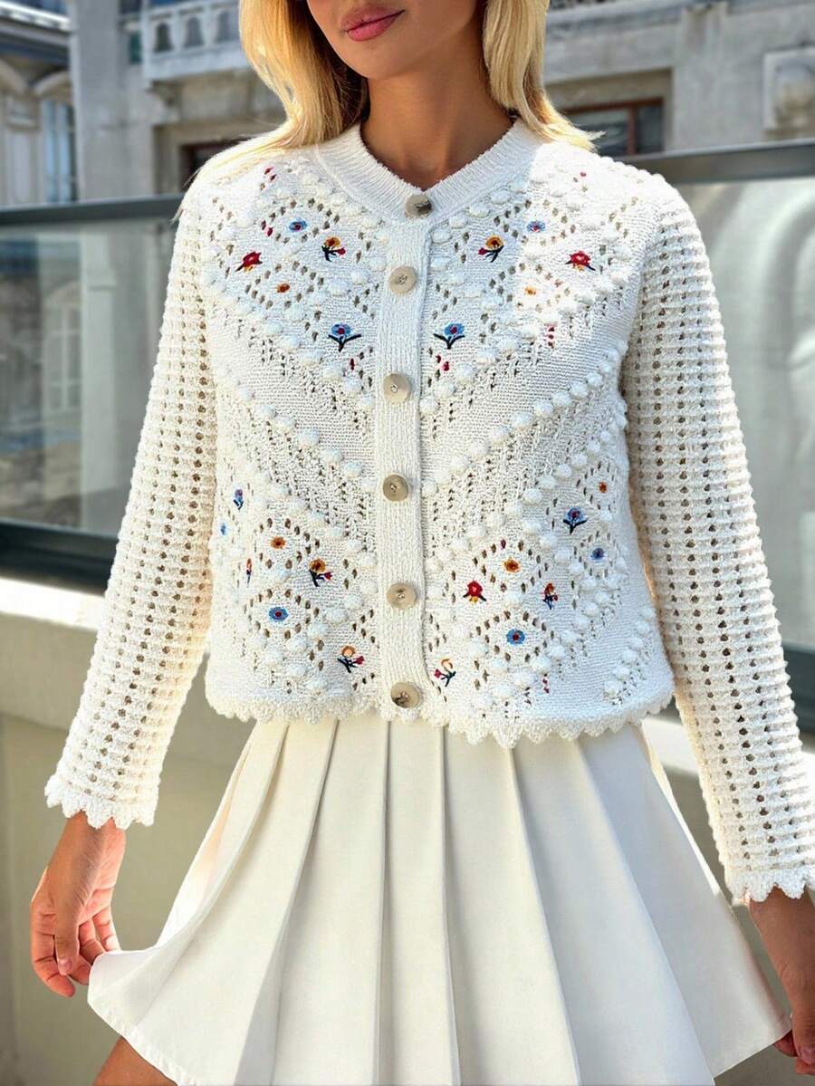 Women's Floral Pattern Long Sleeve Hollow Out Single-Breasted Loose Elegant Knitted Cardigan - Beige - View 1